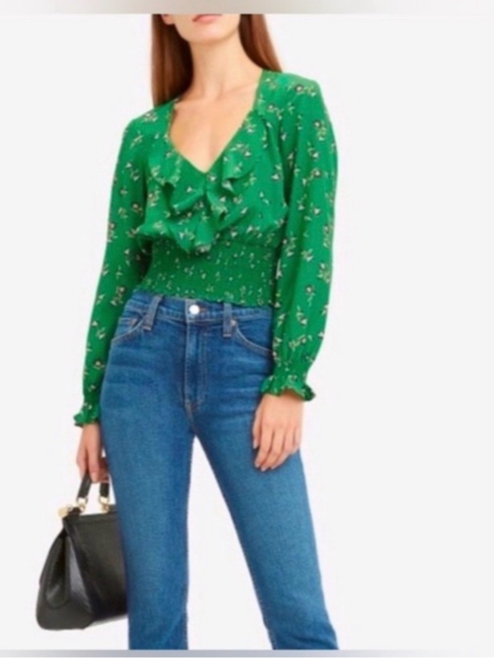 Intermix Floral Smocked Ruffle Crop Top Green Long Sleeve Size S